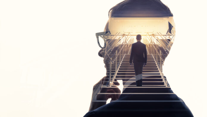 Double,Exposure,Of,A,Businessman,And,Stairs.,Success,Of,Business