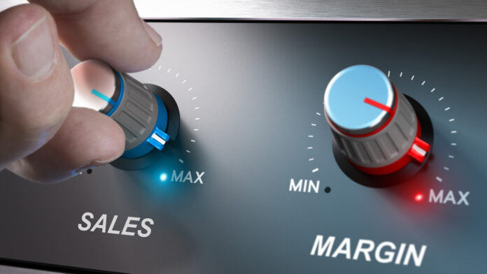 Profitable business concept, sales and margin improvement. Profitable business concept, sales and margin improvement. Compositing between a hand and 3d background.