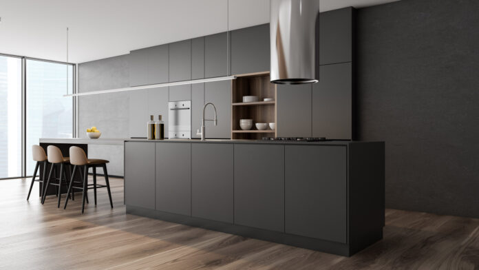 Corner,Of,Panoramic,Kitchen,With,Concrete,Walls,,Wooden,Floor,,Dark