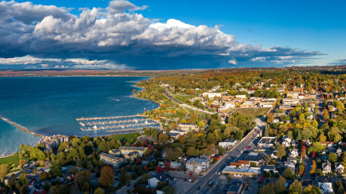 Aerial,View,Of,Petoskey,,Northern,Michigan,,Autumn,Evening,Light.