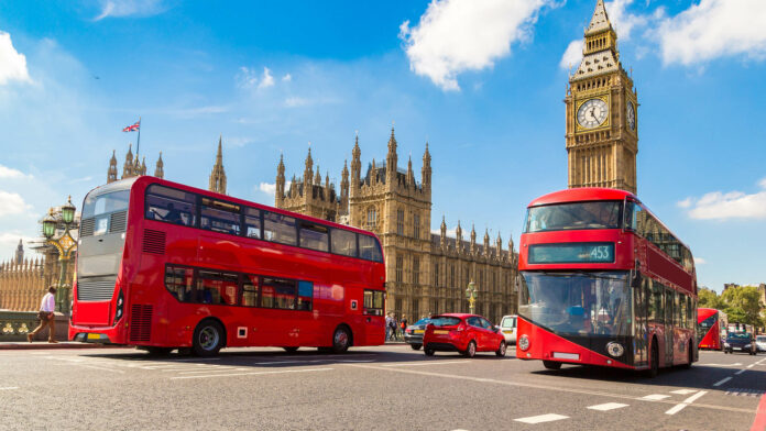 Big,Ben,,Westminster,Bridge,And,Red,Double,Decker,Bus,In