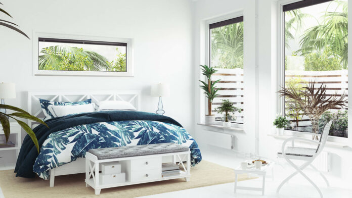 White,Tropical,Bedroom,Interior,,Coastal,Style,,3d,Render