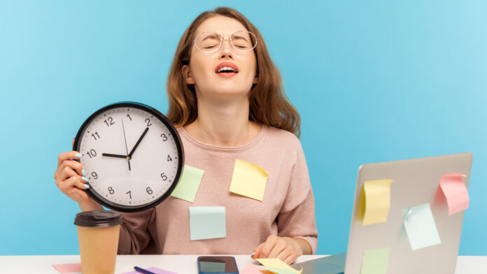 Overtime,Work.,Fatigued,Upset,Woman,Employee,Sitting,At,Workplace,Office,