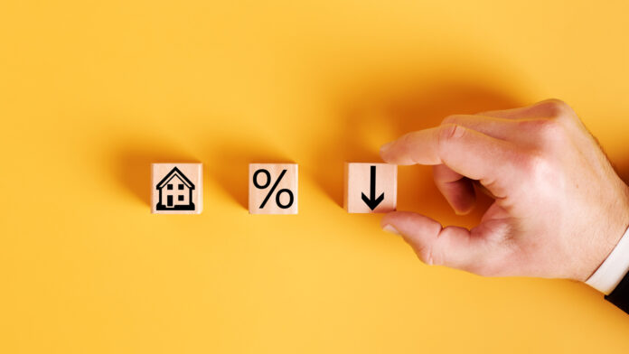 Symbols,House,,Percent,And,Down,Arrow,On,Wooden,Cubes,And