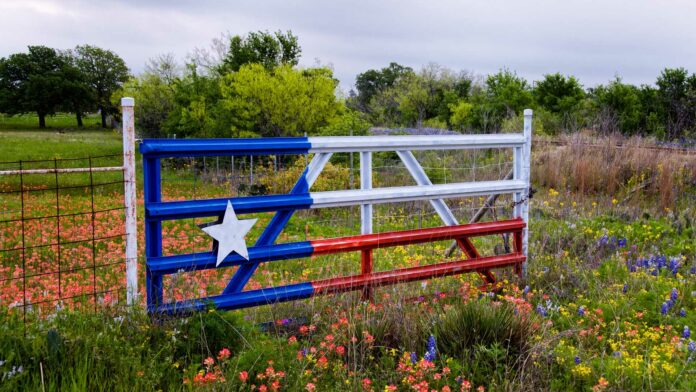 Texas,Flag,Gate,In,A,Field,Of,Paintbrush,,Bluebonnets,And