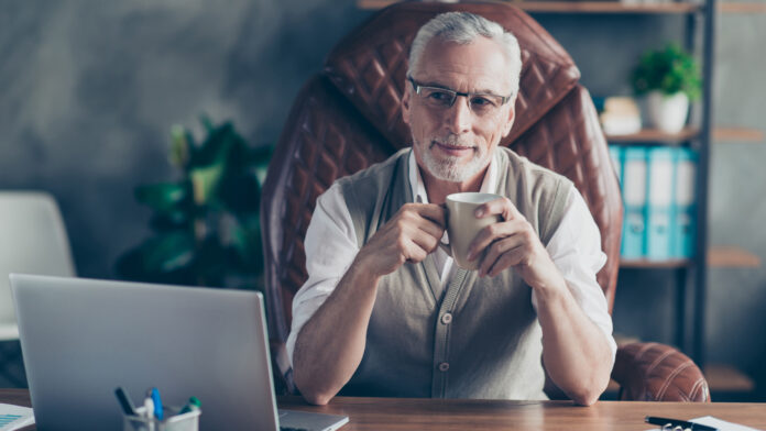 Cheerful,Careless,Excited,Joyful,Old,Businessman,With,Bristle,Is,Pondering