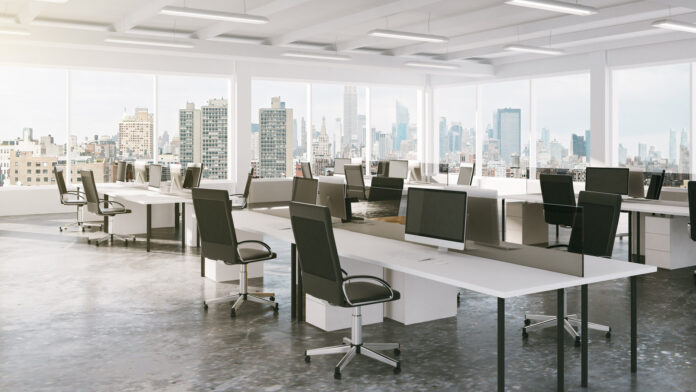 Modern,Open,Space,Office,With,City,View,3d,Render