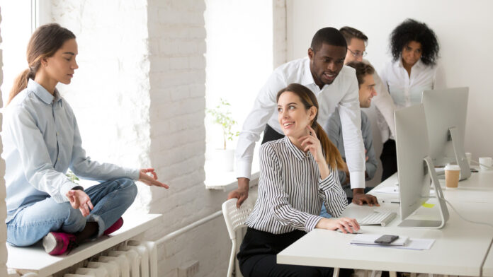 Young,Woman,Meditating,Practicing,Yoga,Sitting,At,Office,Sill,Avoiding