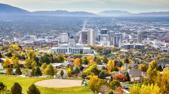 Aerial,View,Of,The,Salt,Lake,City,Downtown,In,Autumn,