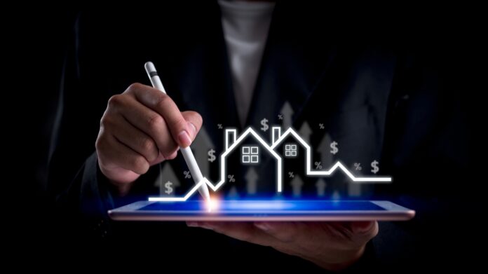 Businessman,Analyzing,Real,Estate,Market,Growth,On,Digital,Tablet.,Represents
